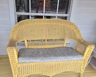 Vintage wicker Rattan Yellow Patio Loveseat Bench.