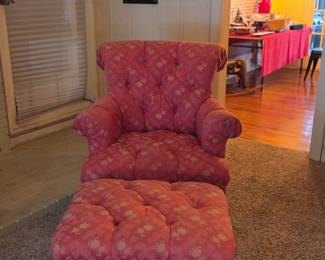 French Country Oversized Upholstered Tufted Arm Chair and Ottoman 