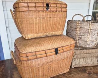 Vintage Herringbone weave bamboo rattan wicker storage truck/ wicker lidded basket with metal latch.