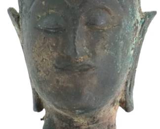 Thai Bronze Sukhothai Buddha Head Mounted on Wooden Base