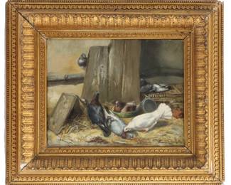 Marie Van Den Eycken 19th Century Belgian, Oil on Board Pigeons in the Stall