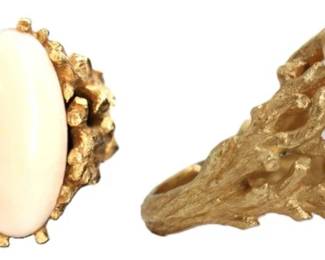 One 14k Gold and Angel Skin Coral Ring Gross 12.3 g.