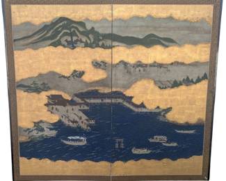 Important Meiji Period Japanese Imperial Gilded Fabric Two Panel Folding Screen Room Divider Depicting Itsukushima Shrine