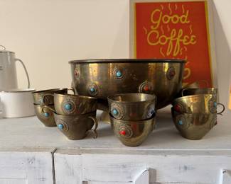 $100- Pakistan brass punch bowl & 12 cups 