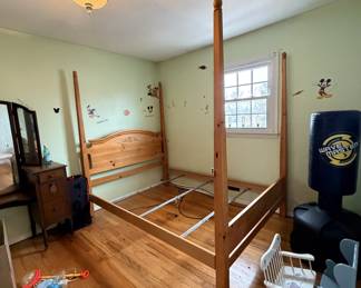 Queen bed frame, antique dresser, punching back.