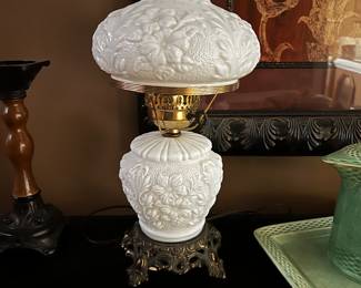 Fenton GWT Poppy Milk Glass Hurricane Lamp