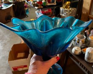 Vintage L. E. Smith Peacock Blue Compote