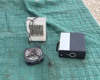 vintage heater, hot plate, projector.