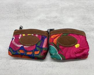 (2) Pink Embroidered Pouches w/ Leather Trim