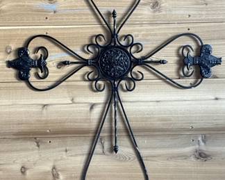 Black Metal Wall Decor Cross w/ Fleur de Lis