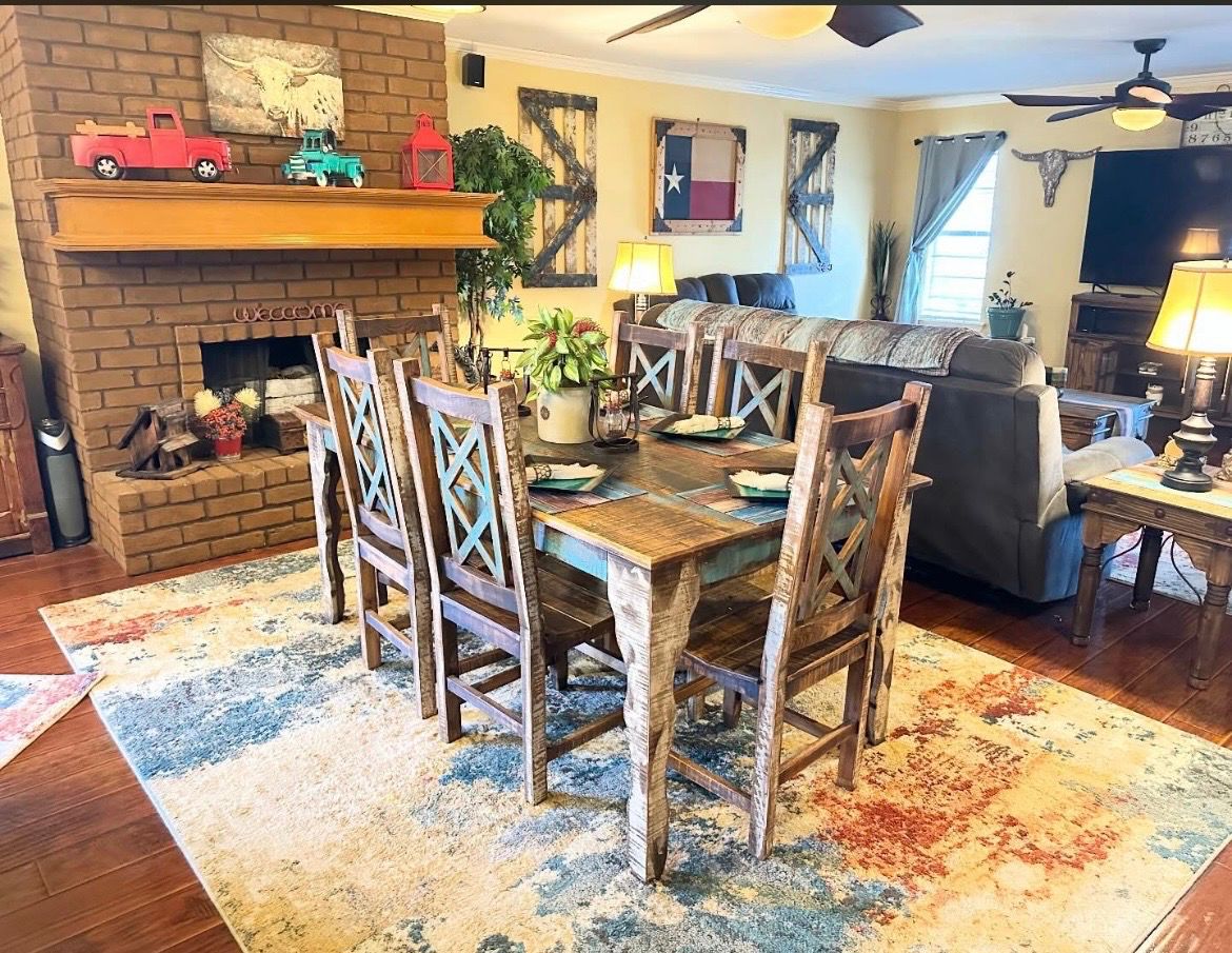 Rustic multi color turquoise wood dining table and chairs
