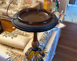 Rustic Mid Century Amber Glass & Black Metal Stand Up Ashtray Scroll Design with Accent Chain