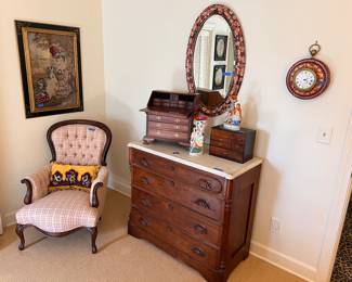 Victorian marble top chest, Victorian chair, framed antique needlepoint, Staffordshire, French tole wall clock, sewing box, miniature slant front desk, mirror