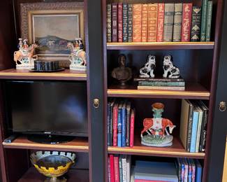 Staffordshire, Bellaire bronze bust, leather books, oil painting, toleware, black laquer boxes and tray, books, tv