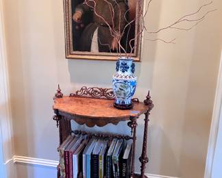 Victorian burlwood rolling shelf, porcelain, oil painting, books