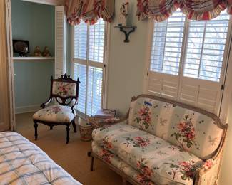 French settee, Victorian chair, sconces