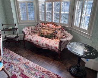 Black laquer w/ mother of pearl inlay tilt table, Victorian loveseat, dumb water serving table, porcelain, needlepoint rug