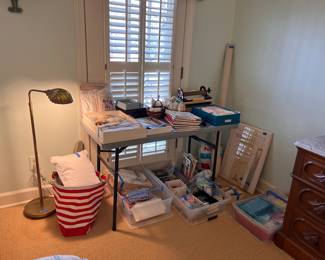 Floor lamp, sewing supplies, smocking pleater, puff iron