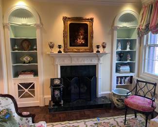 Staffordshire, oil painting, porcelain, large fish bowl, books, Victorian painted coal hod, regency style cane bottom chair 