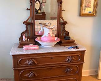 Victorian marble top dresser with mirror, Pitcher and bowl set