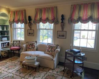 Valances, Chippendale sofa, Rockhausen tea cart, footstool, fish bowl, foot tub, regency style cane bottom chair, pair of watercolors, sconces, pair of brass candlesticks, antique black laquer box