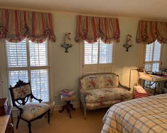 Valances, French settee, Victorian chair, organ stool, Staffordshire, sconces