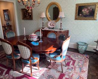 Dining table, 6 Victorian dining chairs, oil paintings, mirror, porcelain, pair of Baccarat candlesticks, pair of lamps, needlepoint rug, fish bowl