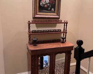 Antique server with mirrored doors, oil painting