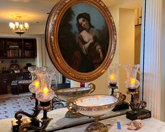 Louis Phillipe porcelain bowl in gilt bronze mount, pair of metal and brass table lamps, antique oil portrait