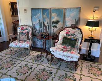 Antique Italian painted folding screen, claw foot pie crust table, French style chairs, Victorian painted sewing stand, bouillotte lamp, needlepoint rug, antique black lacquer tea caddy