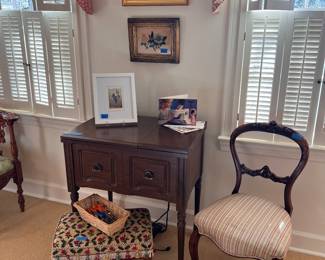 Pfaff sewing machine, Victorian chair, footstools, artwork