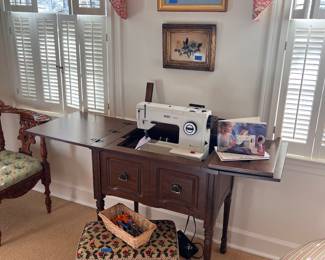 Pfaff sewing machine, Victorian chair, footstools, artwork