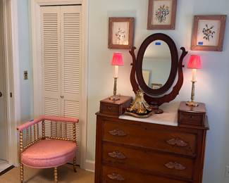 Victorian dresser w/ mirror and marble top, pair of lamps, sconce, corner chair, prints