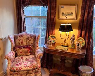 Staffordshire, bouillotte lamp, game table, wing chair, needlepoint rug, fish bowl, engravings