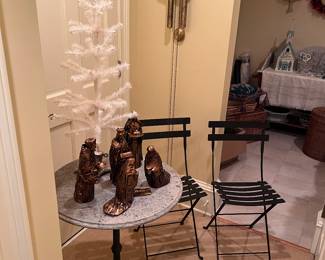 Antique French bistro table and chairs, wall clock, Christmas 