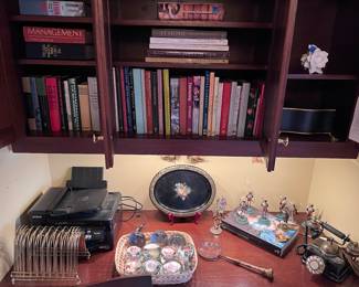 Books, vintage telephone, umbrella handle magnifier, paperweights, tray, bud vases, printer, file holders