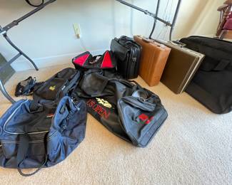selection of totes, leather US open tennis bag, Dell laptop bag, vintage leather briefcase, Samsonite briefcase
