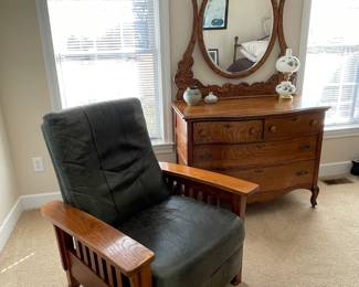 oak & leather Mission style recliner, antique bow front oak dresser w/ bevelled mirror