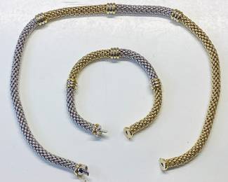 FOPE 18K TWO TONE CHAIN AND BRACELET 103.35 GRAMS MADE BY FOPE IN VINCENZA ITALY FROM THEIR PRIMA LINE. THIS ELEGANT FLEX’IT 18K WHITE AND YELLOW GOLD CHAIN AND BRACELET MAKES A BOLD STATEMENT ANY WHERE IN THE WORLD. THE CHAIN IS 17 3/4 INCHES WEIGHING 65.7 GRAMS AND BRACELET IS 8 1/4 INCHES WEIGHING 37.6 GRAMS. THESE PIECES CAN BE COMBINE AS AN EXTRA EXTRAVAGANT CHAIN OR AS TWO HEAD TURNING PIECES JEWELRY.