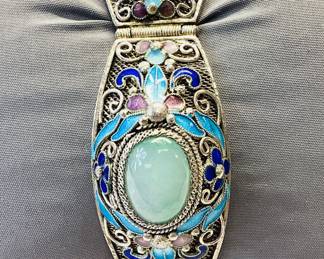 VTG CUSTOM SILVER JADE AND ENAMEL BRACELET THIS HANDCRAFTED SILVER BRACELET FEATURES 5 GORGEOUS CABOCHON JADE STONES WITH INTRICATE ENAMEL DECORATION AND DETAIL. WEIGHT IS 37.3 GRAMS
