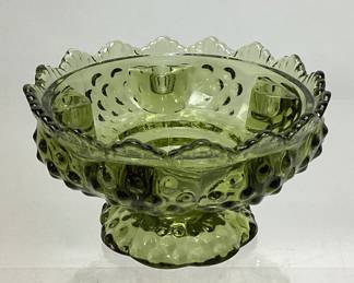 1973 FENTON COLONIAL GREEN HOBNAIL CANDLE BOWL 4in H
