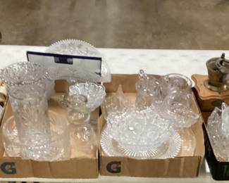 CHOICE LOT OFF TABLE, VTG. CUT TO CLEAR GLASSWARE, ANTIQUE CUTTING BOARD, LAZY SUSAN, VTG. BOTTLES, MENS WATCH, SILVERPLATE FLATWARE, STONEWARE POTTERY TABLE LAMPS