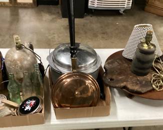 CHOICE LOT OFF TABLE, VTG. CUT TO CLEAR GLASSWARE, ANTIQUE CUTTING BOARD, LAZY SUSAN, VTG. BOTTLES, MENS WATCH, SILVERPLATE FLATWARE, STONEWARE POTTERY TABLE LAMPS