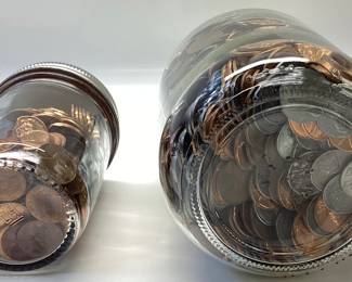 LRG. LINCOLN WHEAT PENNY AND MEMORIAL LOT WONDERFUL COLLECTION OF WHEAT PENNYS INCLUDING 1943 STEEL, ALSO INCLUDES SMALL COLLECTION OF LINCOLN MEMORIAL. THIS LOT HAS BEEN LEFT ALONE WITHOUT RESEARCH. TWO ROLLS OF WHEATS AND MEMORIAL WERE OPENED TO PLACE IN JARS AND SEEMED TO BE UNCIRCULATED. THE LARGE QUART MASON JARS CONTAINS THE WHEAT COLLECTION. THIS LOT COULD HOLD KEY COINS TO SOMEONES COLLECTION.