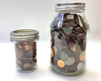 LRG. LINCOLN WHEAT PENNY AND MEMORIAL LOT WONDERFUL COLLECTION OF WHEAT PENNYS INCLUDING 1943 STEEL, ALSO INCLUDES SMALL COLLECTION OF LINCOLN MEMORIAL. THIS LOT HAS BEEN LEFT ALONE WITHOUT RESEARCH. TWO ROLLS OF WHEATS AND MEMORIAL WERE OPENED TO PLACE IN JARS AND SEEMED TO BE UNCIRCULATED. THE LARGE QUART MASON JARS CONTAINS THE WHEAT COLLECTION. THIS LOT COULD HOLD KEY COINS TO SOMEONES COLLECTION.