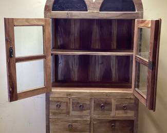 VTG. WOOD DOUBLE ARCH TOP CABINET w GLASS DOORS NO SHIPPING PICKUP ONLY