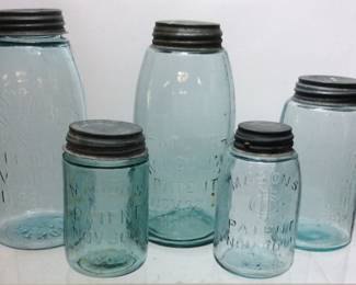 (5) ANTIQUE MASONS FRUIT JARS PATENT NOV 30th, 1858 w ZINC LIDS