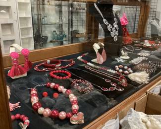LARGE ASSORTED VALENTINES COSTUME JEWELRY LOT, NECKLACES, BRACELETS, RINGS, EARRINGS, CHICOS, J CREW, ETC.