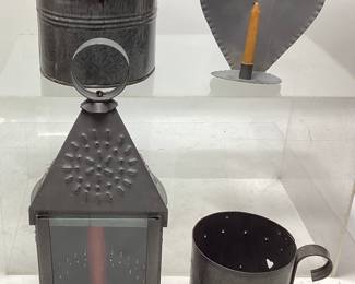 (4) PUNCHED TIN CANDLE HOLDERS & SMALL BUCKET