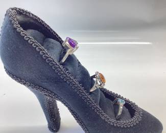 3 VINTAGE STERLING SILVER RINGS, AMETHYST, AMBER, TOPAZ , SIZE 6.5, 7.5, 9 TOTAL GRAMS 9.47